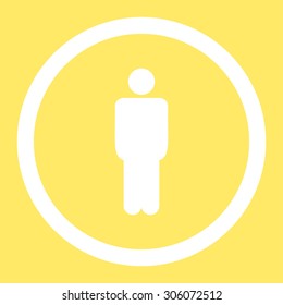 Man vector icon. This rounded flat symbol is drawn with white color on a yellow background.