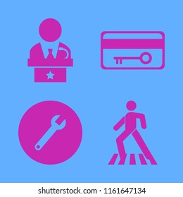 man vector icons set. with key card, pedestrian, public speaker and wrench in set