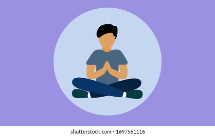 Man vector sitting for meditation and pray inside circle isolated on light purple background, flat vector for graphic design, space for text and design