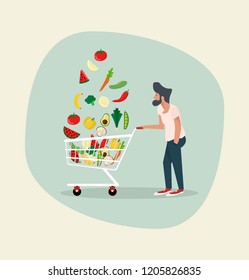 man with vegetables in shopping cart 