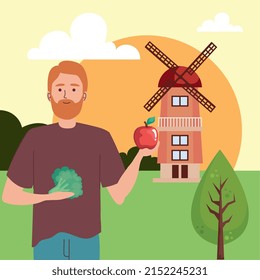 man with vegetables and windmill