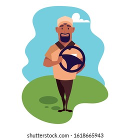man with vehicle steering wheel in hands vector illustration design