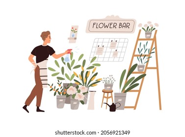 Man vendor spraying plants with water in flower shop, retail store. Florist caring about flora in pots and vases in flowershop, humidifying them. Flat vector illustration isolated on white background