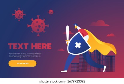 Man versus virus. A man doctor in medical mask and with a vaccine in hand fights with viral diseases. Vector illustration