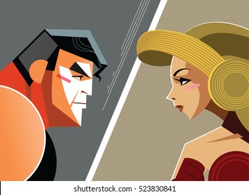 Man Versus Woman. Superhero. Vector Illustration