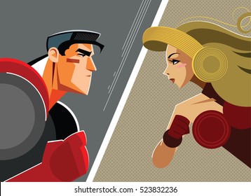 Man Versus Woman. Superhero. Vector Illustration