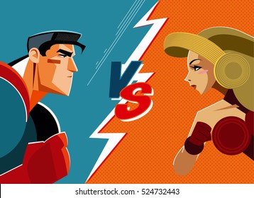 Man Versus Woman. Superhero. Vector Illustration