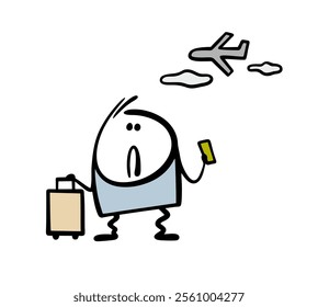 Man is very afraid to fly on airplanes. Vector illustration of  stickman standing, holding luggage and ticket, knees shaking with fear. Funny cartoon airplane character is flying in the sky.