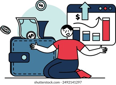 a man is very happy because of the rise in his stock market chart. business vector illustration with people and flat design