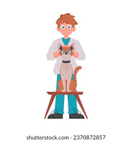 A man is very happy and loves taking care of adorable animals, like a very friendly cat. Vector Illustration.