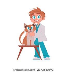 A man is very happy and loves taking care of animals, like a really adorable cat. Vector Illustration.