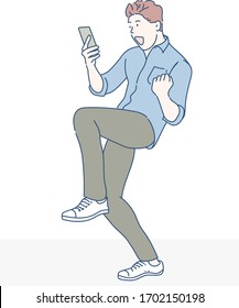 A Man Is Very Happy When He Reading Messages On Mobile Phone. Hand Drawn In Thin Line Style, Vector Illustrations.