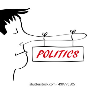 Man with a very long nose associated with telling lies from which there is a sign hanging with the word politics added in red text