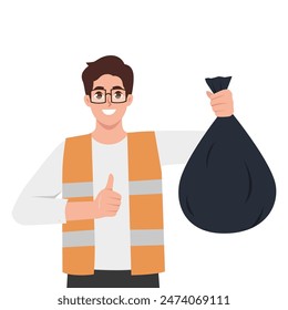 Man in a vest holding a black plastic bin bag. Flat vector illustration isolated on white background