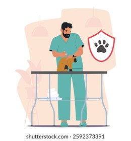 Man veterinarian cartoon character making vaccination for cat to prevent dangerous decease vector illustration. Immunization and preventive medicine for domestic animals at professional vet clinic