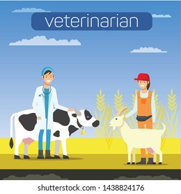 Man Veterinarian with Cow and Woman with Goat. Search for Colleagues. Man in White Coat. Vector Illustration. Competitive Workplace. Recruitment Agency. Organization Animal Treatment.