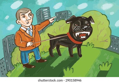 a man and a vicious dog for a walk