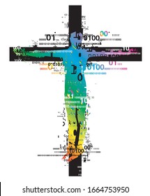 Man, victim of computer age and burnout. 
Crucified man, rainbow colored stylized male silhouette with binary codes and digital numbers. Vector available.