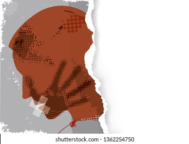 Man Victim Of Violence, Stylized Male  Head, Silhouette With Hand Print After Hand Slap. Vector Available.
