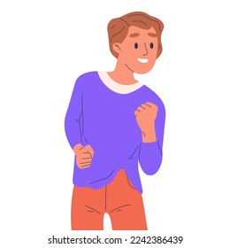 Man with victory triumph emotion. Happy person celebrating win, successful male character enjoy spoils of victory flat vector illustration isolated on white background