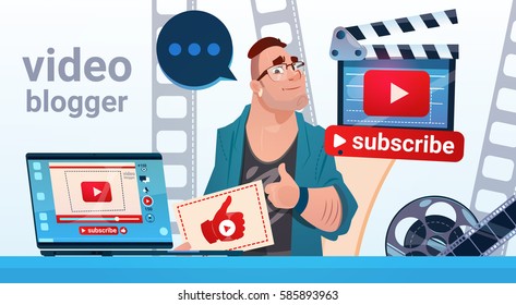 Man Video Blogger Camera Computer Screen Blogging Subscribe Concept Flat Vector Illustration