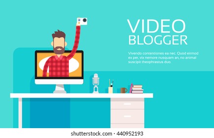 Man Video Blogger Hold Camera Destop Computer Screen Blogging Concept Flat Vector Illustration