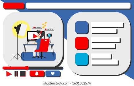 Man video blogger. Blogger in interface website template. Streamer, vlogger vector illustration in flat design