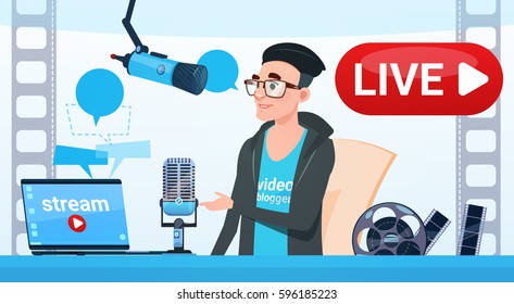 Man Video Blogger Online Stream Blogging Subscribe Concept Flat Vector Illustration