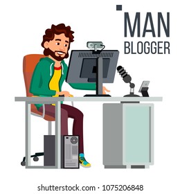 Man Video Blogger Vector. Gaming Stream Banner. Concept blogging. Video Streaming. Strategy Video Game. Flat Vector Illustration
