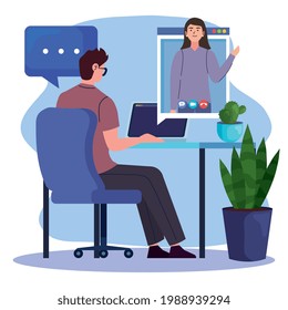 Man in video call with laptop