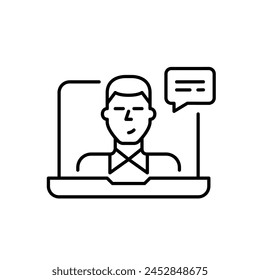 Man in video call on laptop interface. Real time communication for work or study purposes. Pixel perfect vector icon 