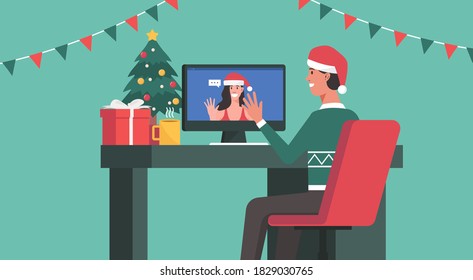 man video calling to his girlfriend on a computer at home on Christmas day, flat vector illustration