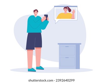 Der Mensch ist ein Video, das seine Freundin von zu Hause aus anruft, die Kommunikation der Beziehung über das Telefon. Zeichendesign. Vektorgrafik