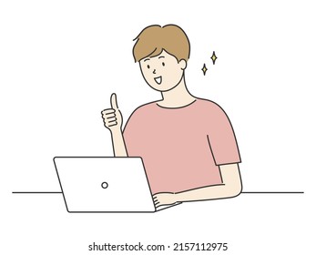 Man video calling using laptop, thumbs up with a smile