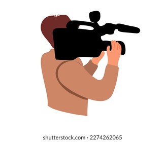 Ein Mann mit einer Videokamera auf dem Gesicht hält eine Kamera? Videograf.  Vektorgrafik