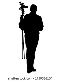 Man with a video camera on a tripod. Isolated silhouette on a white background