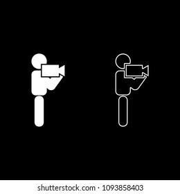 Man with video camera stick icon set white color outline