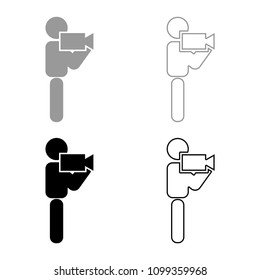 Man with video camera stick icon set grey black color outline