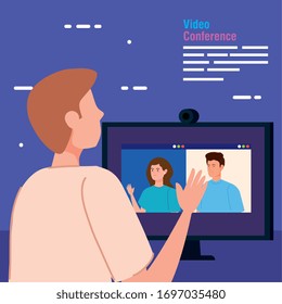man in video conference from the computer vector illustration design