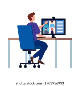hombre en videoconferencia con computadora en el lugar de trabajo diseño de ilustración vectorial