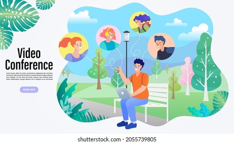 Man video conference via smartphone. lady using mobile application to call online sitting on bench in park. teleworking, outdoors on a summer day. internet and distant talking via modern gadgets.