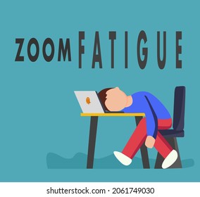 A Man Video Conferencing. Fatigue Man Sleeping On His Work Desk.
Remote Team Meeting Video Online. (Zoom Fatigue)  Flat Vector Illustration.