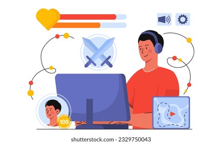 Man with video game concept. Young guy in headphones sits at computer. Virtual entertainment and metaverse, cyberspace. Character having fun at arcade. Cartoon flat vector illustration