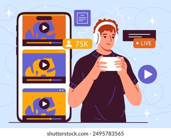 Man with video hosting. Young guy in headphones with smartphone watches interesting content. Subscriber of popular blogger on internet. Flat vector illustration isolated on blue background