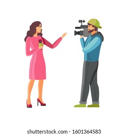 Man video reporter together woman correspondent leading reporting live broadcasting the news. Journalist reporter female at work. Profession correspondent and videographer cartoon vector illustration