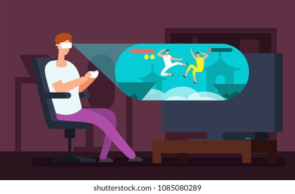 Man videogamer sitting in armchair and playing virtual game using vr headset vector illustration. Guy cartoon entertainment videogame in cyberspace