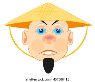 Man Vietnamese in straw hat on white background is insulated
