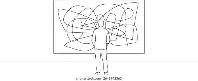 Hombre viendo arte Abstractas en Galería - Ilustración vectorial de arte de línea minimalista
