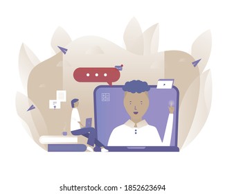  A man is viewing a lecture or webinar on his computer. Online or distance education. Vector illustration with Web communication idea for business, start up, marketing, telework, remote working and fr