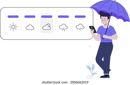 man viewing weather report on mobile app flat design illustration, weather broadcasting mobile app, today weather, boy holding umbrella,  